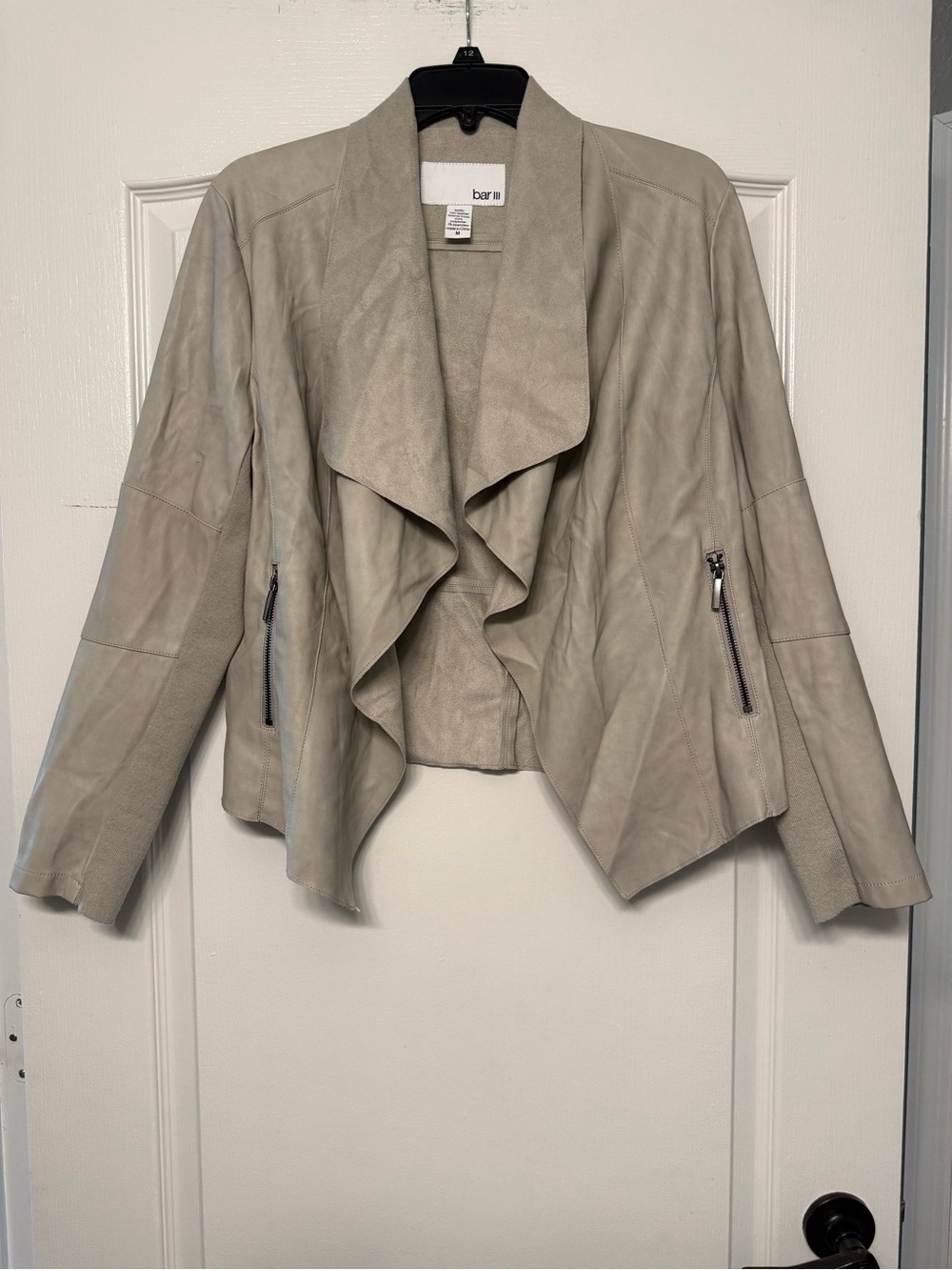 Bar III Mixed Media Faux Leather Waterfall Jacket Greige Size M Moto